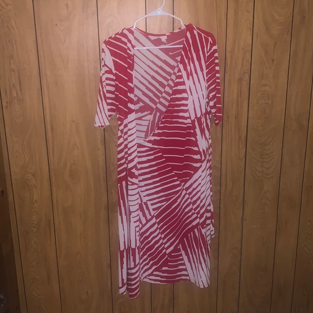 Modern, red and white wrap around dress, like new